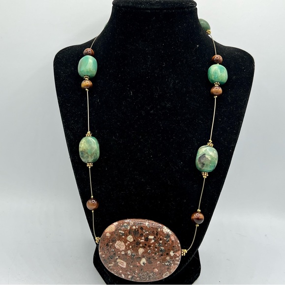 Artisan gemstone necklace chunky heavy brown & green stone beads 25” - Picture 7 of 11